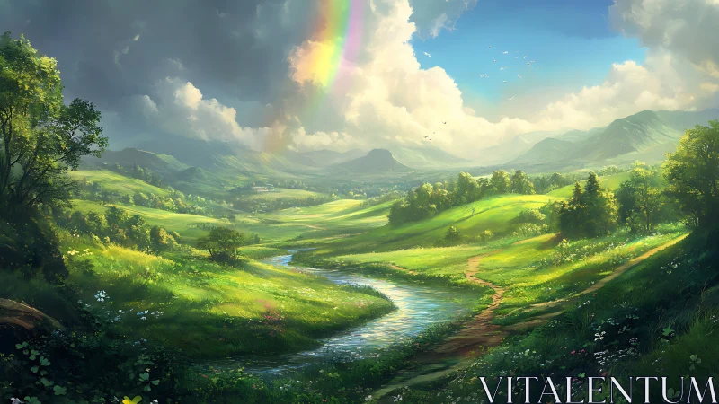 Sunlit valley river under rainbow and distant mountains.