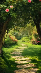 Sunlit stone pathway under floral canopy in landscaped garden.