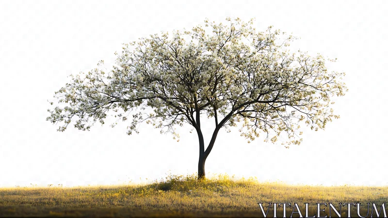 Gentle flowering tree glowing softly in a quiet golden field.