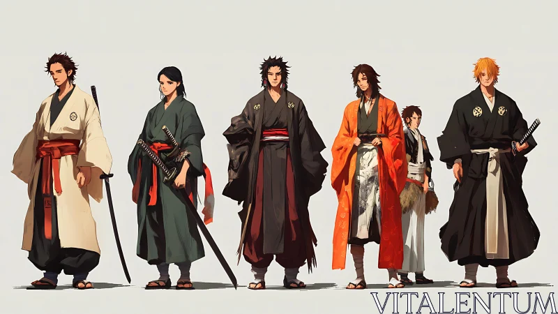Six anime-style samurai characters in traditional robes.
