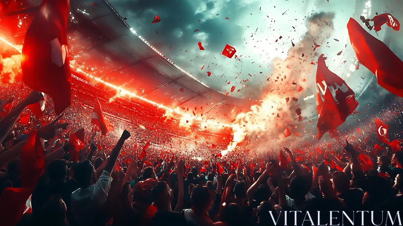 Crowded stadium with red flags under dramatic flares.
