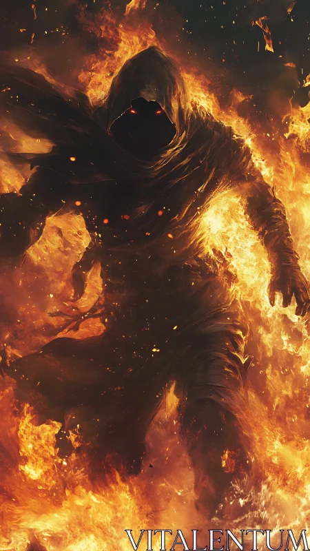 Fiery hooded specter strides through blazing inferno.