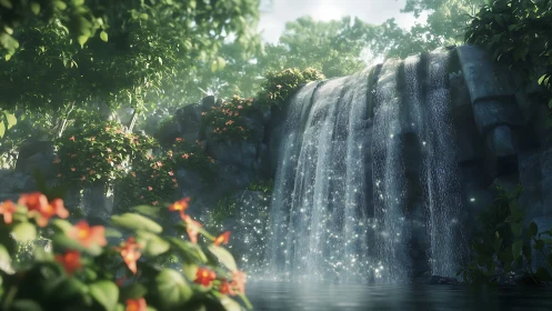 Sunlit jungle waterfall with sparkling mist and flowers.