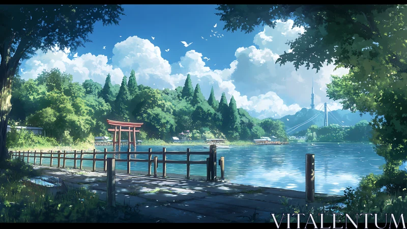 Serene lakeside torii under cumulus skies in anime realism