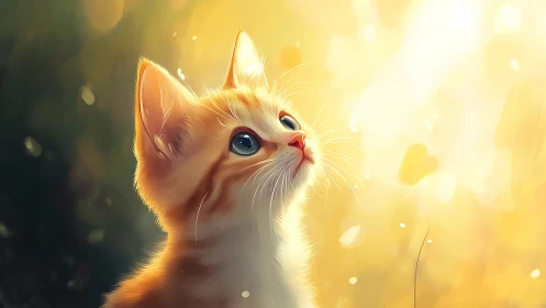 Digital painting of kitten in luminous golden backlight.