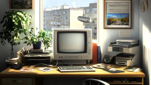 Sunlit retro computer workstation in nostalgic home office.