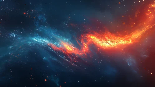 Contrasting blue and orange nebular forms traverse dark space