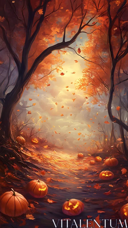 Autumn Forest Pathway with Jack-O'-Lanterns Under Luminous Canopy.