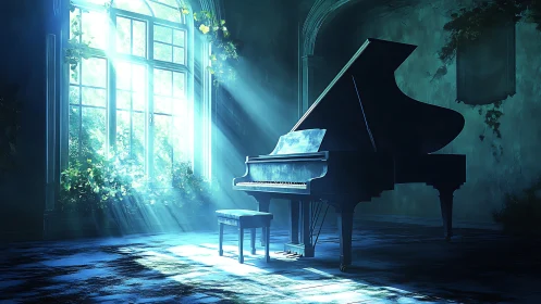Grand piano in volumetric god-rays inside overgrown hall