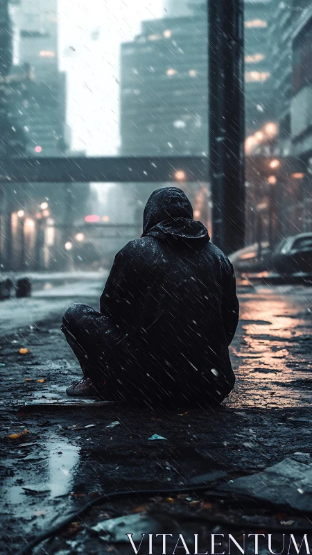 Hooded rain-sitter studying neon ghosts of the wet city.