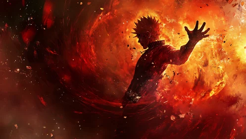 Blazing hero silhouette riding a swirling storm of fire.