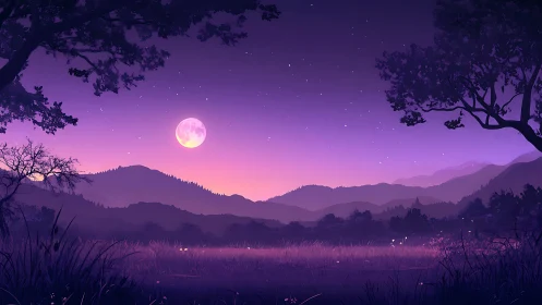 Moonlit valley landscape under purple twilight sky.