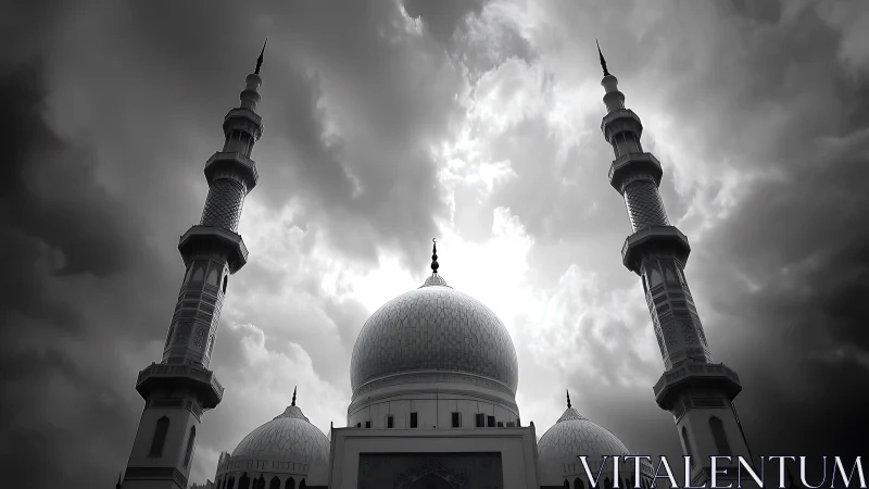Mosque domes and twin minarets stand under overcast sky