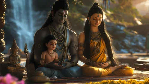 Devotional triad in riverside meditation with volumetric light.