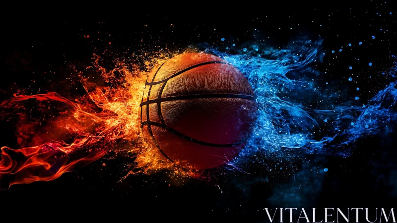 Fiery and fluid basketball bursts through glowing color waves