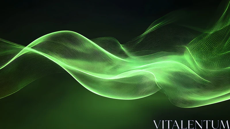 Luminous emerald soundwave ribbons drifting through dark silence.