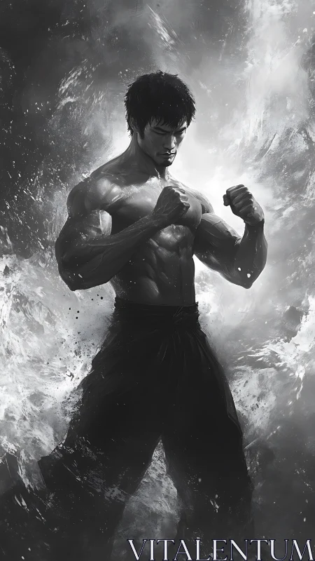 Monochrome martial artist amid explosive swirling energy.