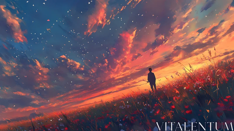 Boy watches blazing sunset sky over wildflower field.