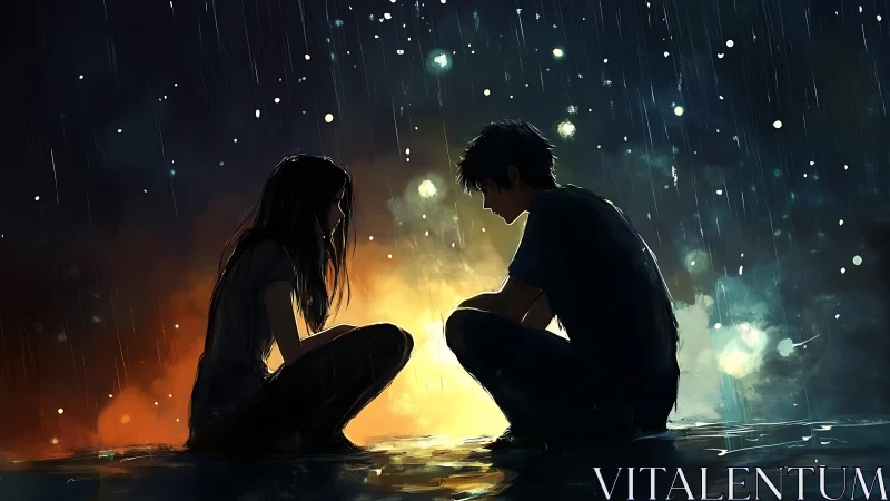 Rainlit confession between silhouettes in a glowing puddle.