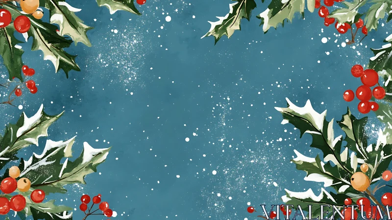Snow-dusted holly foliage and berries on teal winter background