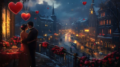 Neon Hearts Illuminate Winter Romance in Victorian City.