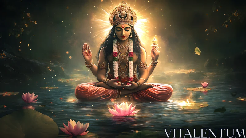 Radiant lotus goddess meditates in luminous twilight waters.