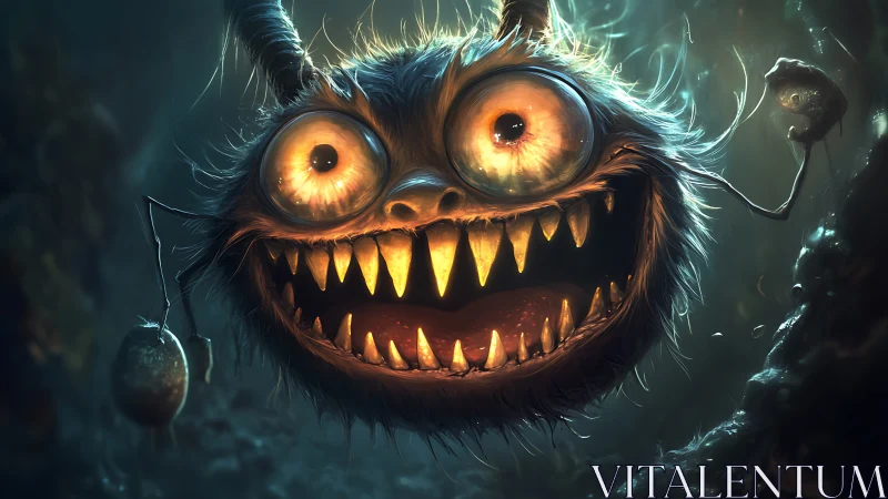 Furry glowing monster with huge grin in dark cavern.