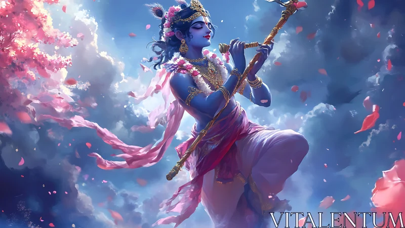 Divine blue figure plays a flute amid swirling petals and light