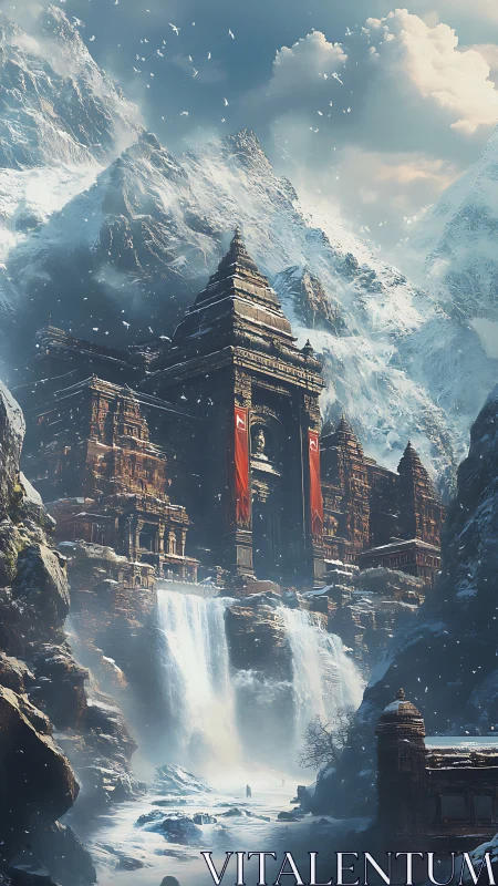 Mountain fortress temple above frozen waterfall cascade.