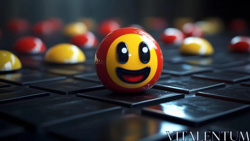 Cheerful glossy emoji sphere on dark tiled surface.