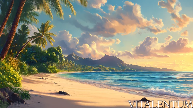 Tropical Coastal Landscape: Digital Rendering of Golden Hour Beach Scene