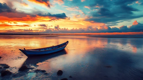 Lonely tide boat dreaming under electric watercolor sky.