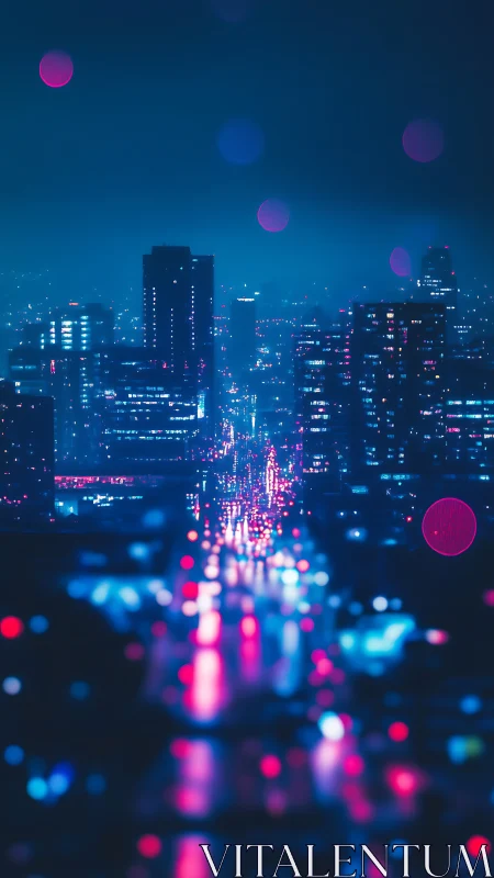 Neon city boulevard glows softly through a dreamy night rain