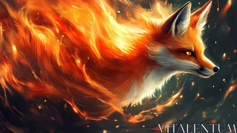 Fiery spirit fox glides through glowing embers and night air