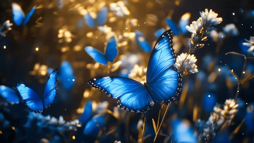 Bioluminescent blue butterflies in bokeh-illuminated meadow field.