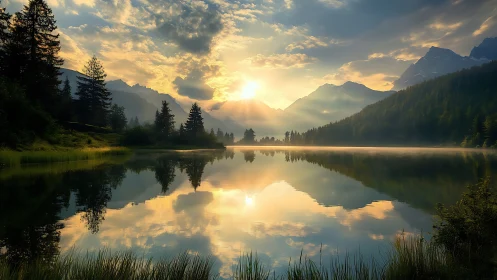 Mountain lake sunrise with forest reflections on water.