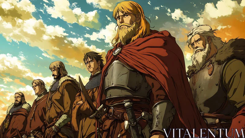 Medieval warriors line under clouded sky at sunset.