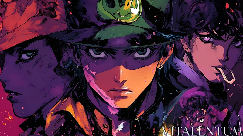 Bold anime heroes glowing in dramatic neon color portrait.