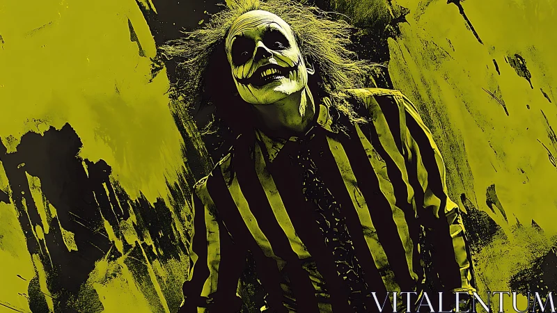 Striped suit figure with skull-like makeup on yellow background.