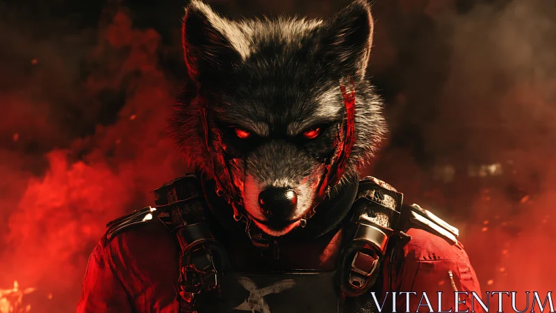 Armored wolf warrior stares through blazing red battlefield haze