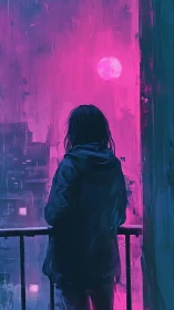 Nocturnal balcony observer in magenta atmospheric diffusion.