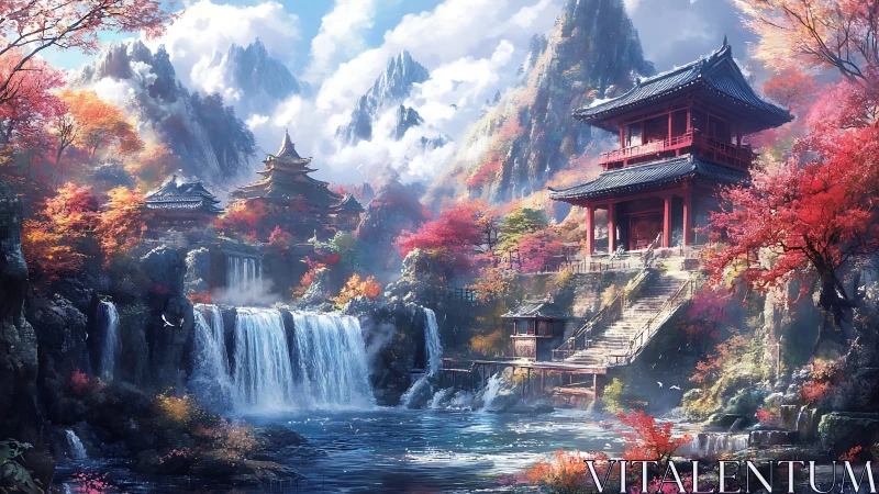 Autumnal mountain temples beside cascading river falls.