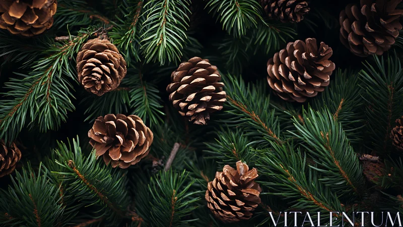 Photorealistic evergreen boughs with sculptural pine cones.