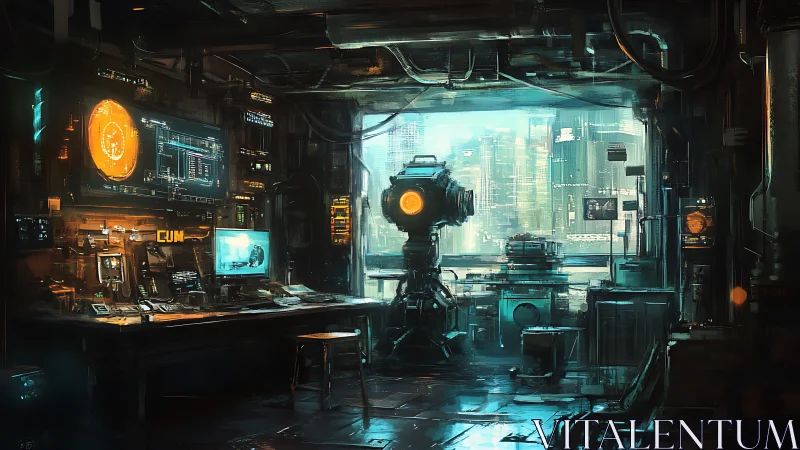 Cybernetic observatory lab with central monocular sensor unit.