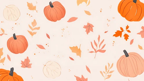 Cozy pumpkins and fluttering fall leaves in soft pastels.