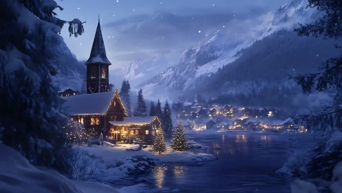 Snowy alpine village glows under winter night sky