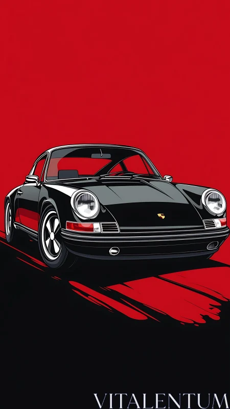 Sleek classic black sports car glides across bold red ground