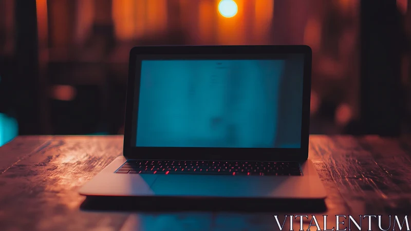 Cozy laptop glow on a warm, dimly lit evening workspace.