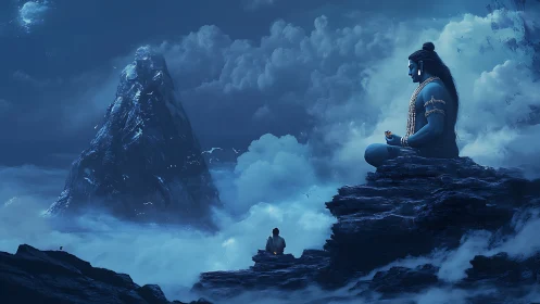 Divine blue yogi meditating above stormy twilight clouds.