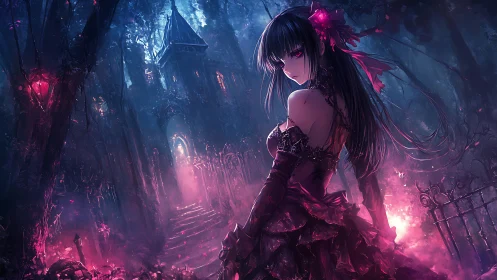 Gothic anime girl guards cursed forest manor in neon dusk.